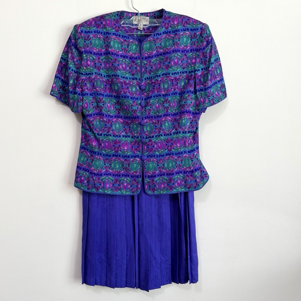 Adrianna Papell Vintage Skirt Set 10 Silk Purple Floral 2 Piece Short‎ Sleeve